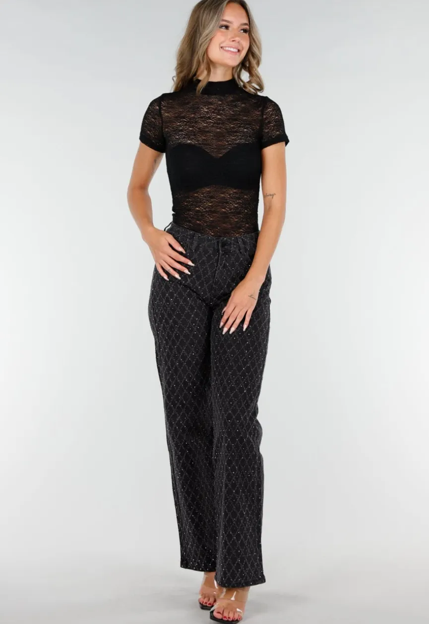 Zwarte Gehaakte Stretch Top met Col en Korte Mouwen