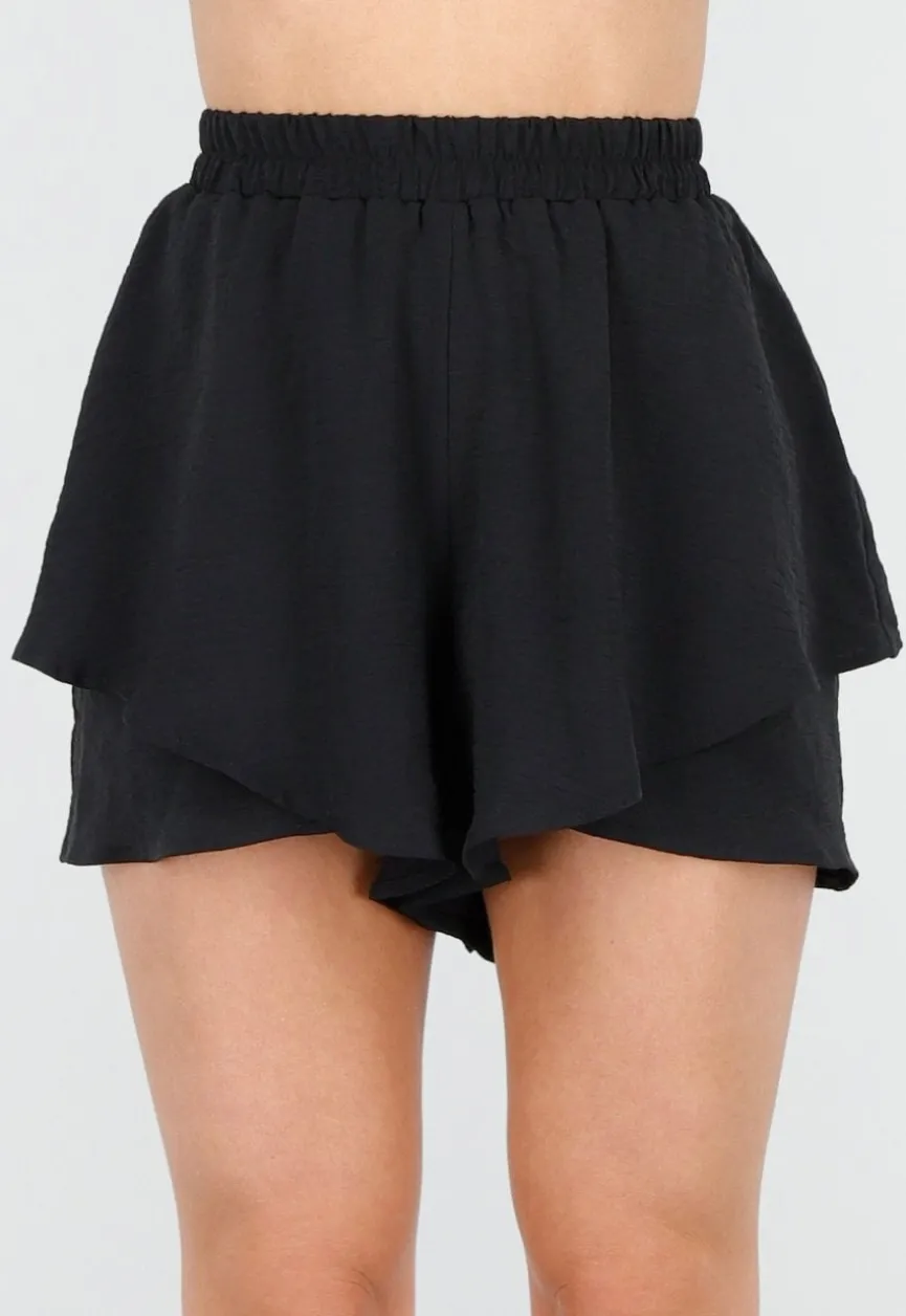 Zwarte Gelaagde Linnenlook Short met Stretch Band