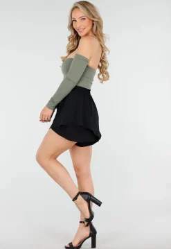 Zwarte Gelaagde Linnenlook Short met Stretch Band