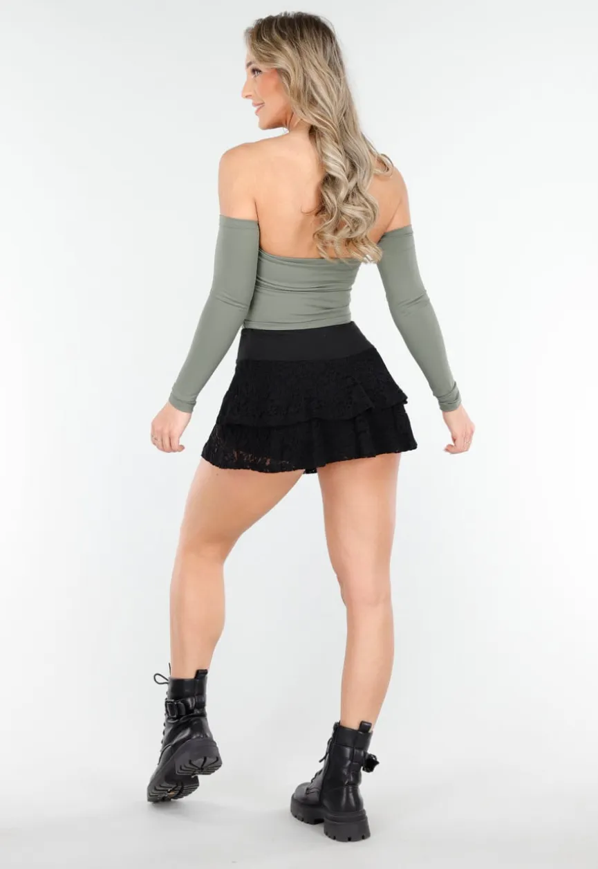 Zwarte Gelaagde Skort van Kant met Ruffles en Brede Tailleband
