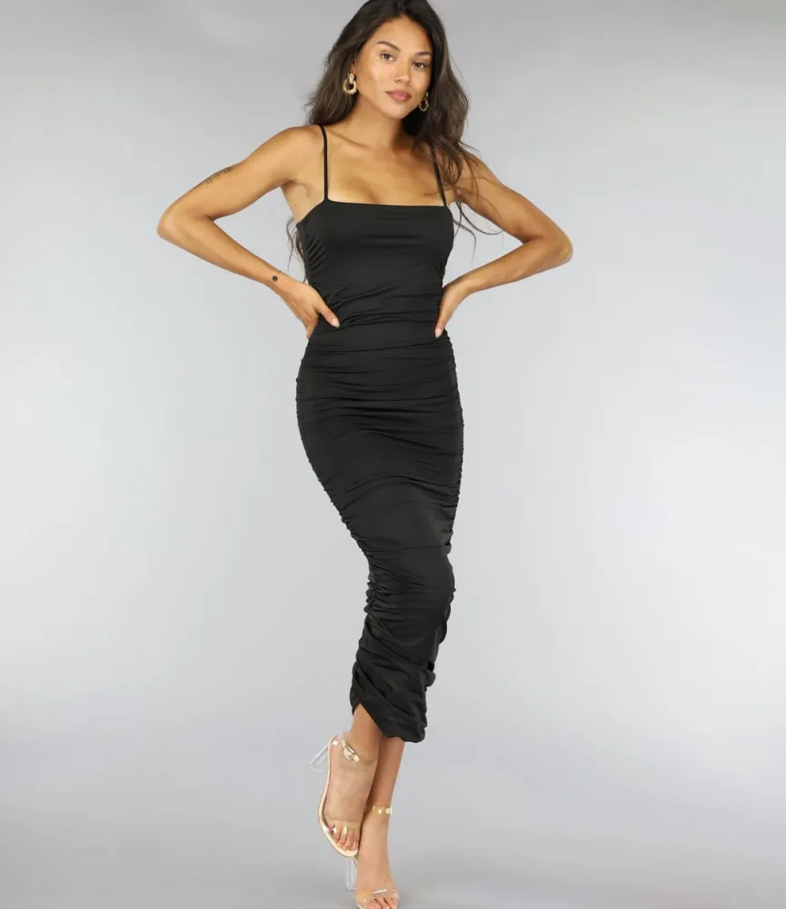 Zwarte Geplooide Bodycon Jurk