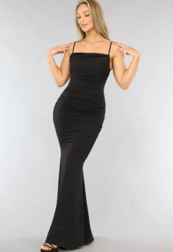 Zwarte Geplooide Maxi Jurk met Korset Detail