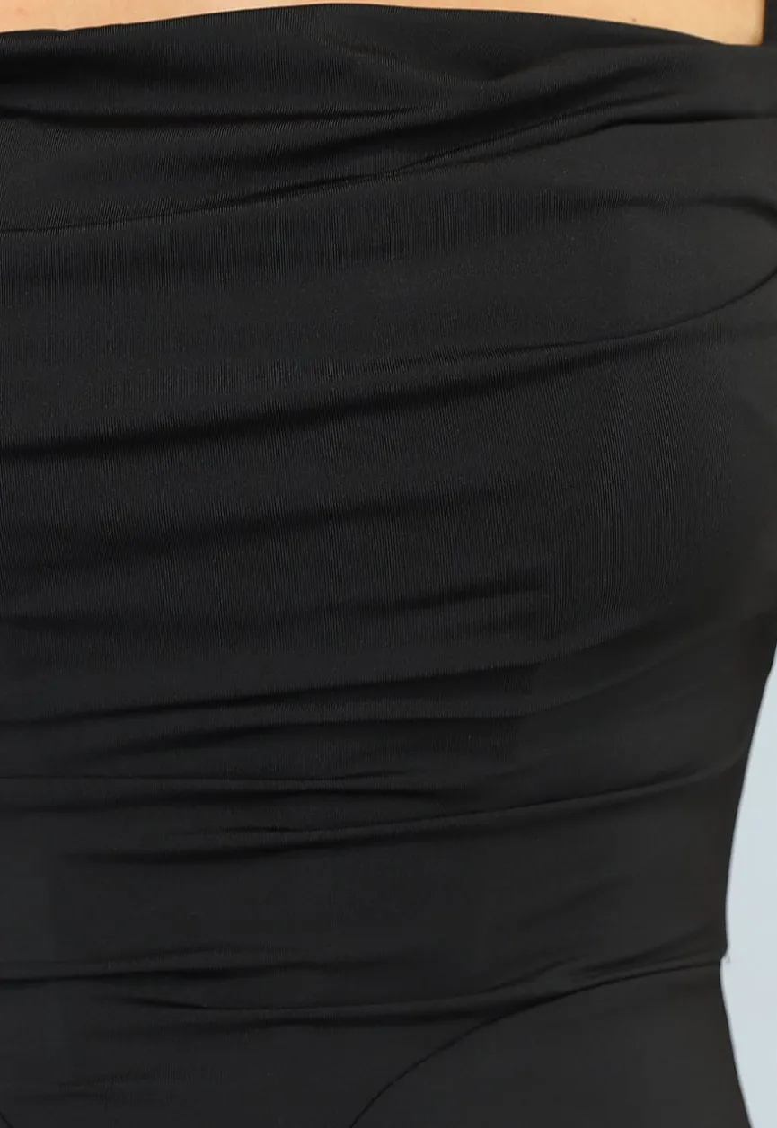 Zwarte Geplooide Maxi Jurk met Korset Detail