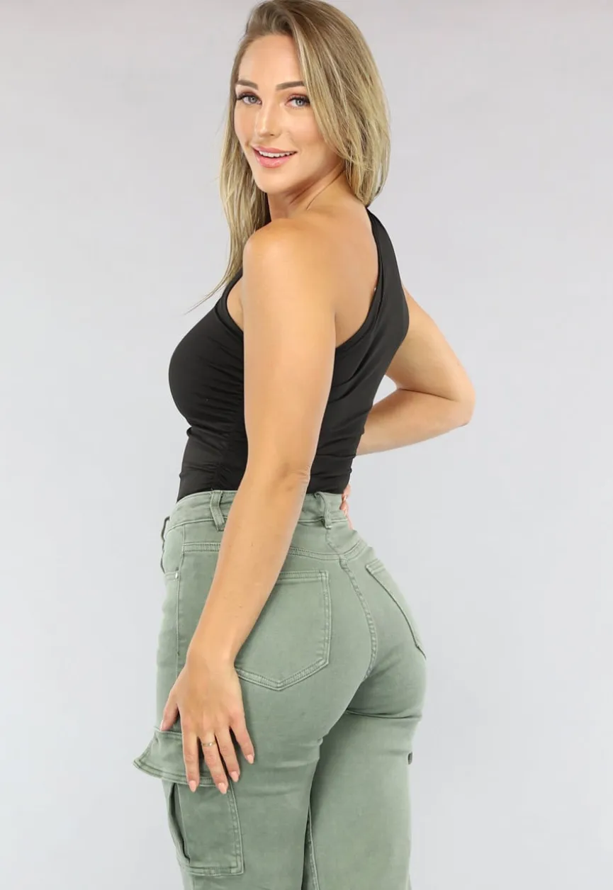 Zwarte Geplooide One Shoulder Top