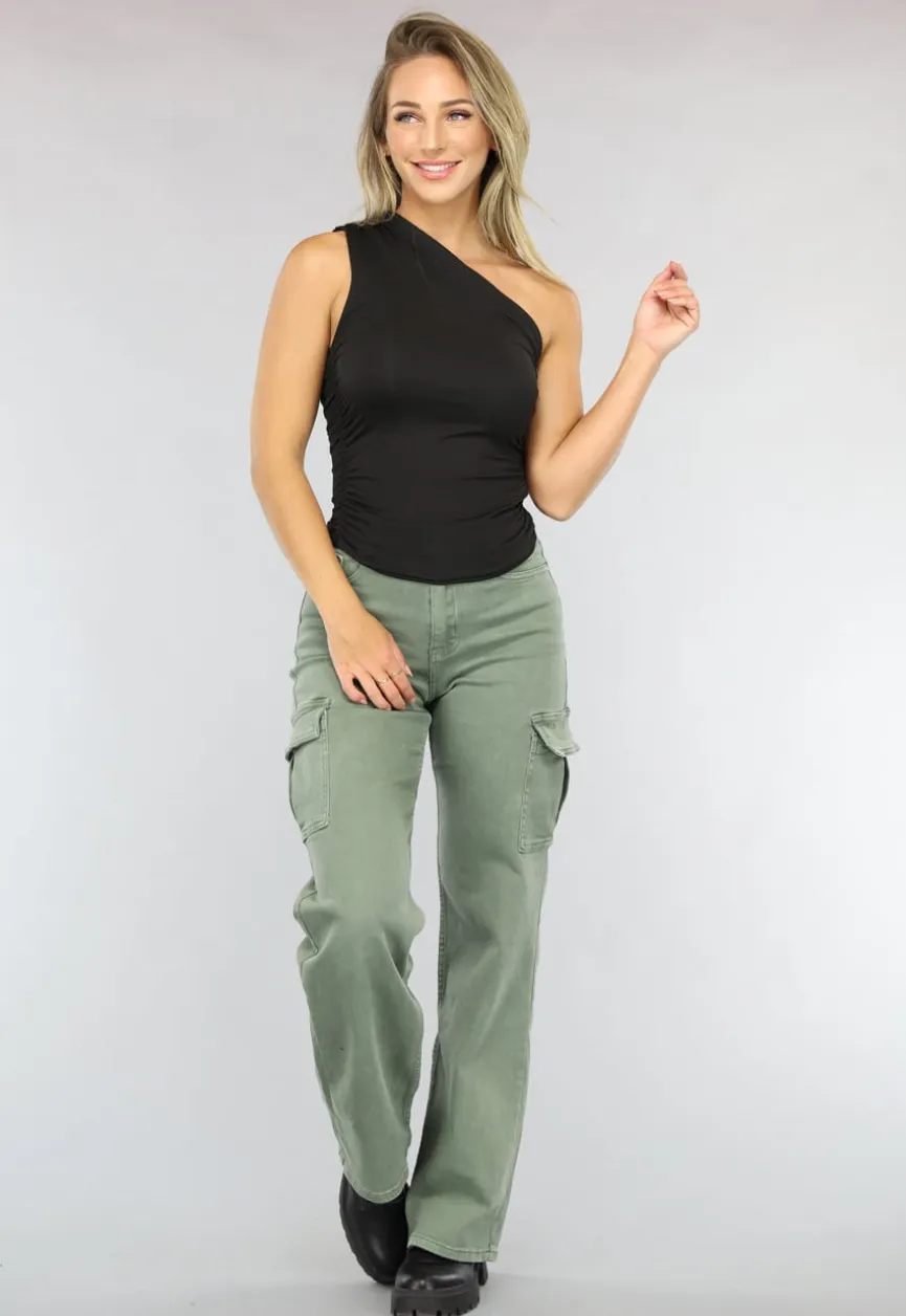 Zwarte Geplooide One Shoulder Top
