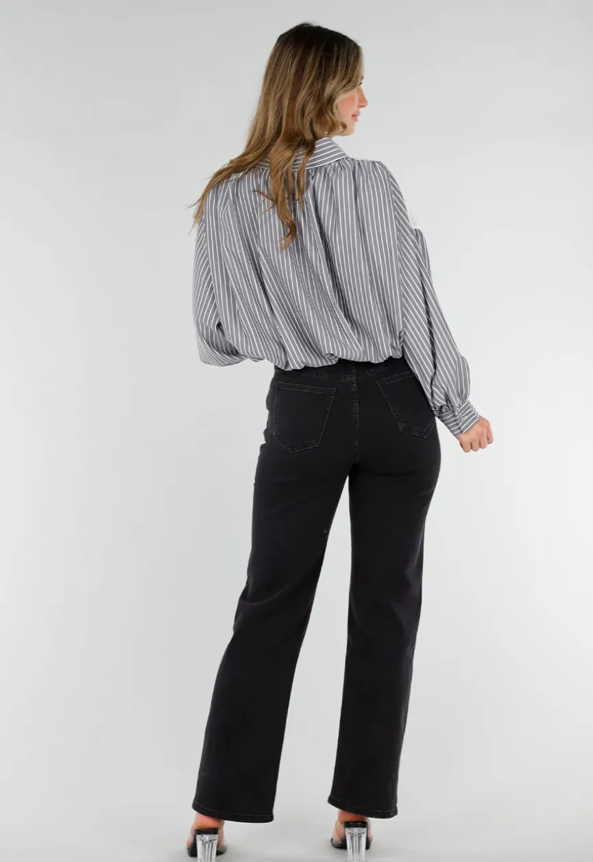 Zwarte Gestreepte Blouse met Kant en Strass Knopen