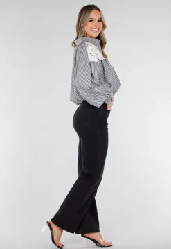 Zwarte Gestreepte Blouse met Kant en Strass Knopen