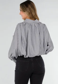 Zwarte Gestreepte Blouse met Kant en Strass Knopen