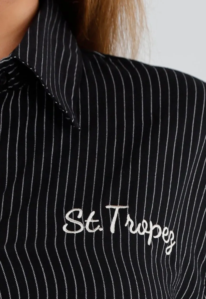 Zwarte Gestreepte Blouse met St. Tropez Borduursel Achterop