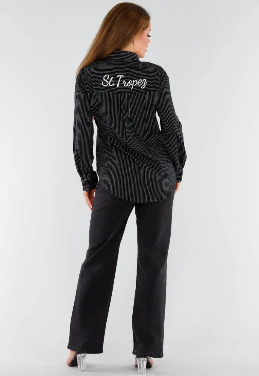 Zwarte Gestreepte Blouse met St. Tropez Borduursel Achterop