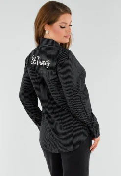 Zwarte Gestreepte Blouse met St. Tropez Borduursel Achterop