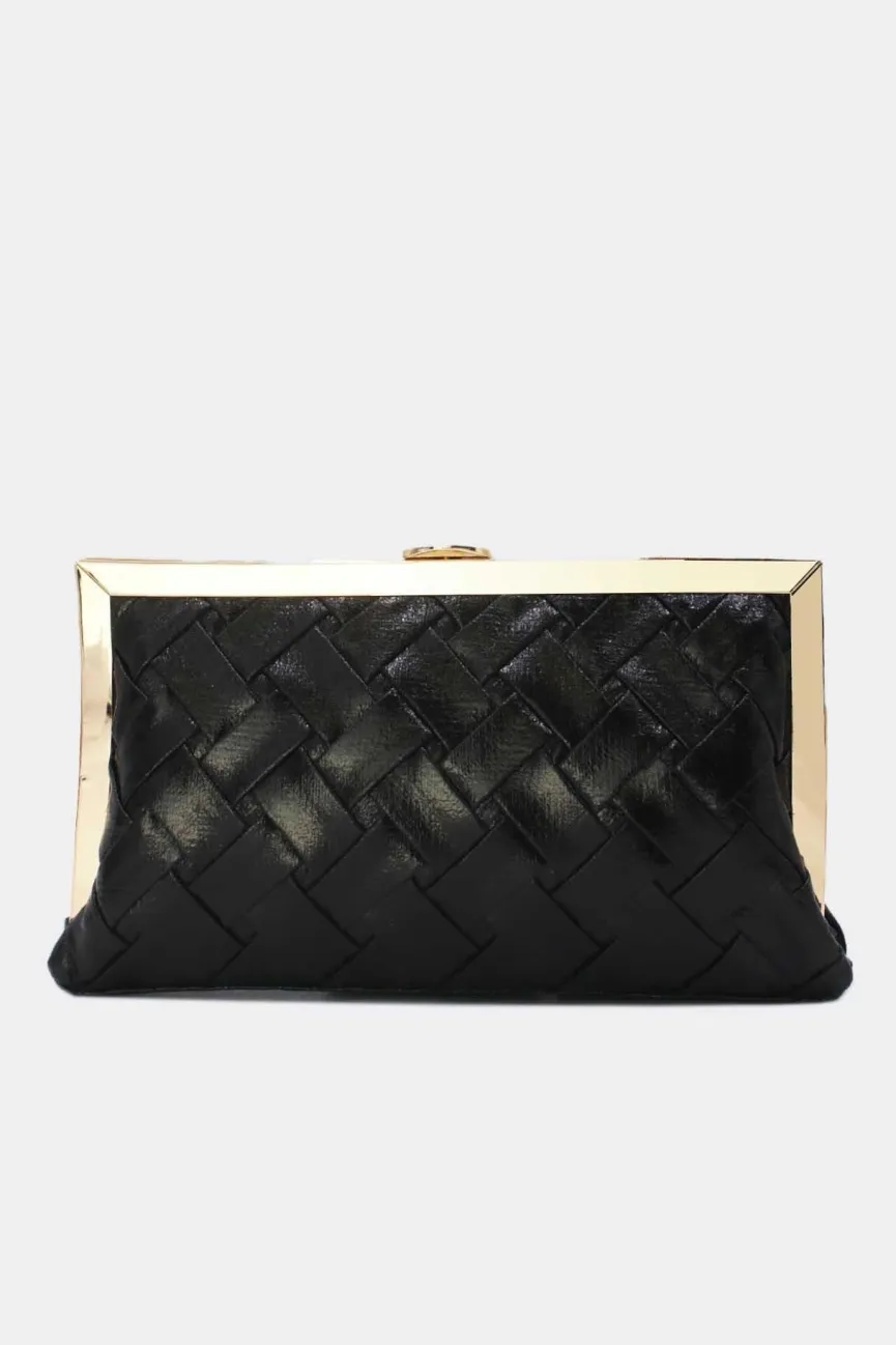 Zwarte Gevlochten Clutch van Imitatieleer met Gouden Rand en Afneembare Schouderketting