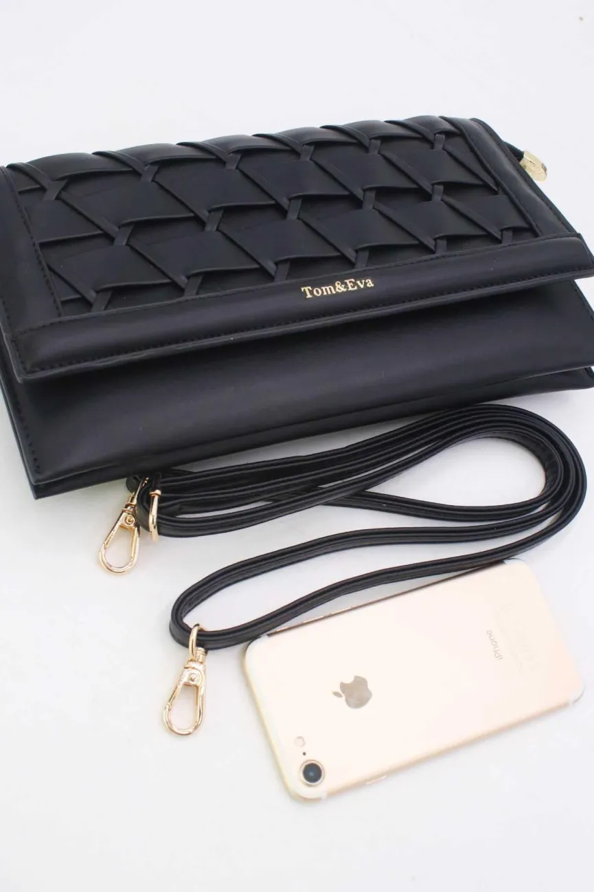 Zwarte Gevlochten Clutch van Imitatieleer met Afneembaar Schouderhengsel