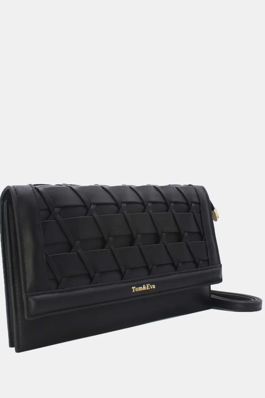Zwarte Gevlochten Clutch van Imitatieleer met Afneembaar Schouderhengsel