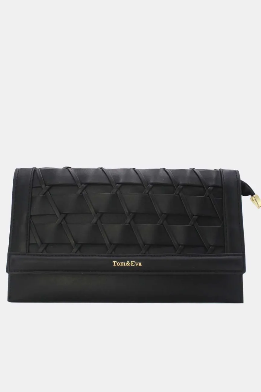 Zwarte Gevlochten Clutch van Imitatieleer met Afneembaar Schouderhengsel