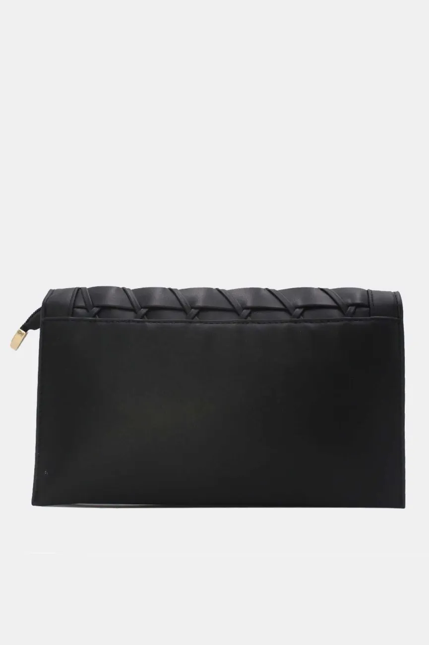 Zwarte Gevlochten Clutch van Imitatieleer met Afneembaar Schouderhengsel