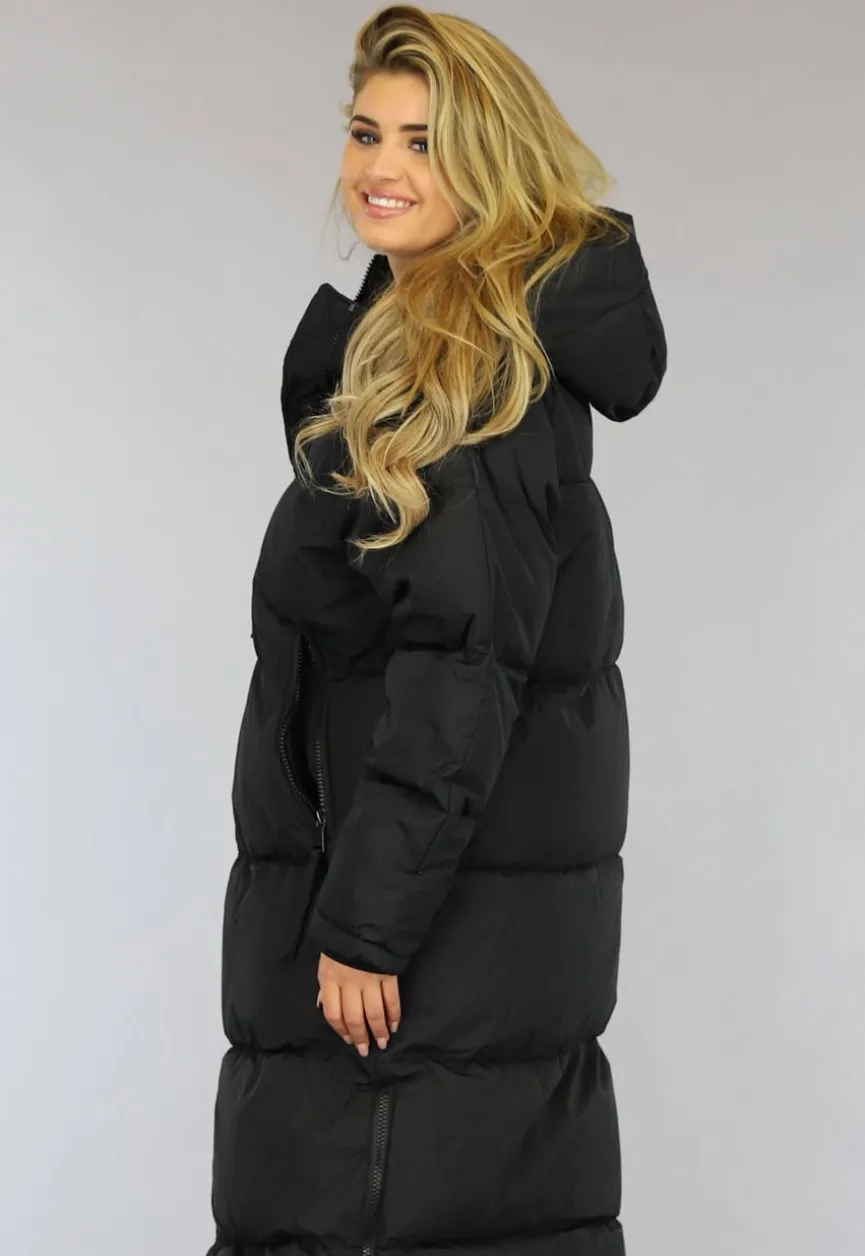 Zwarte Gewatteerde Lange Oversized Winterjas