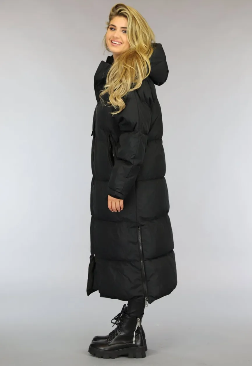 Zwarte Gewatteerde Lange Oversized Winterjas