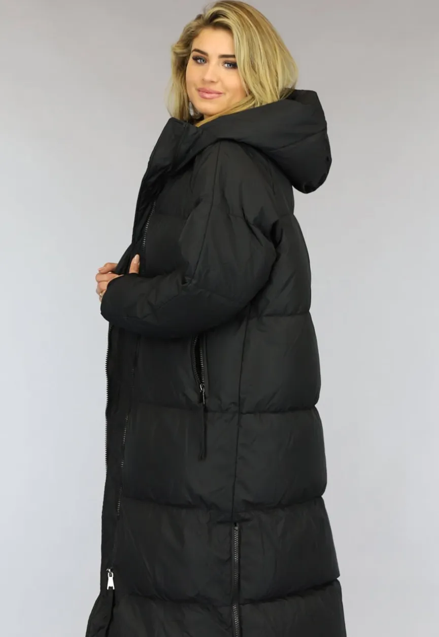 Zwarte Gewatteerde Lange Oversized Winterjas