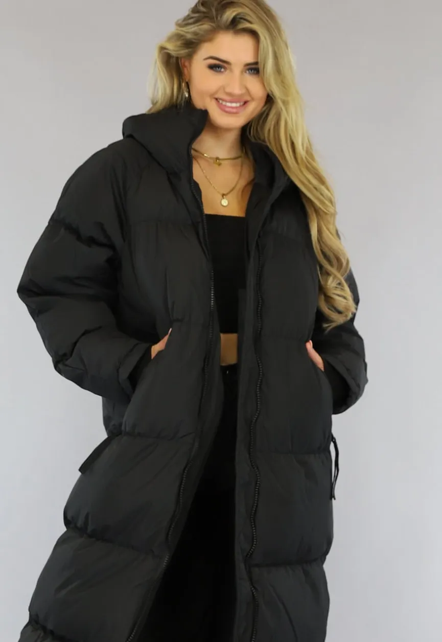 Zwarte Gewatteerde Lange Oversized Winterjas