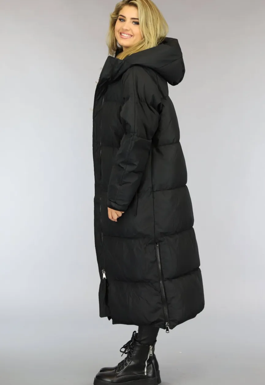 Zwarte Gewatteerde Lange Oversized Winterjas