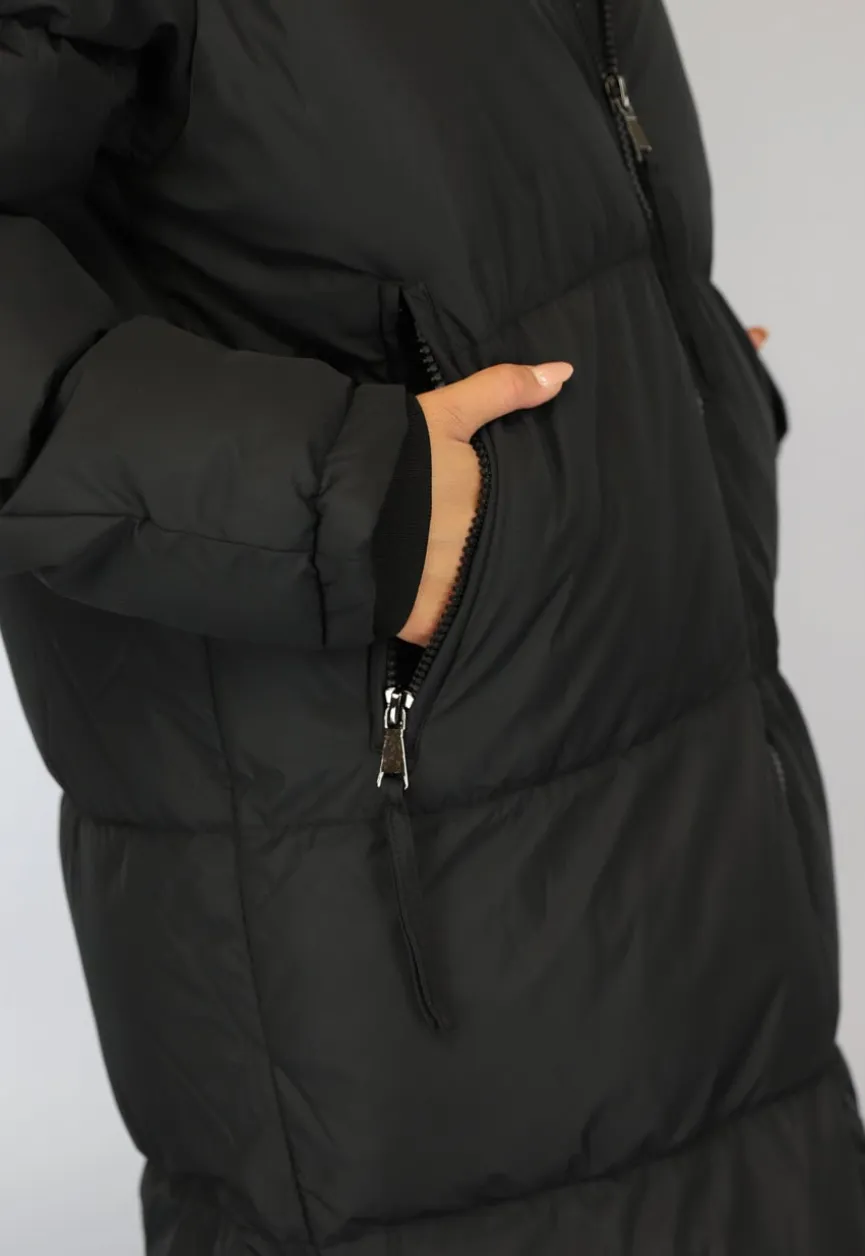 Zwarte Gewatteerde Lange Oversized Winterjas