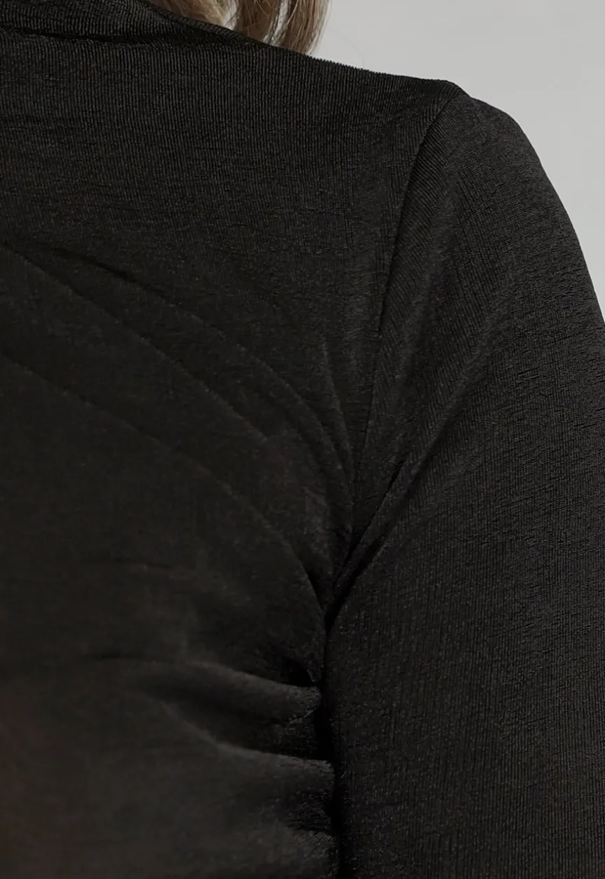 Zwarte Glans Top met Geplooid Detail