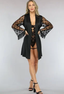 Zwarte Glanszijde Kimono met Hartjes Mouwen en Franjes