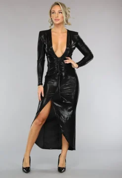 Zwarte Glanzende Longsleeve Jurk met Split en Schoudervulling