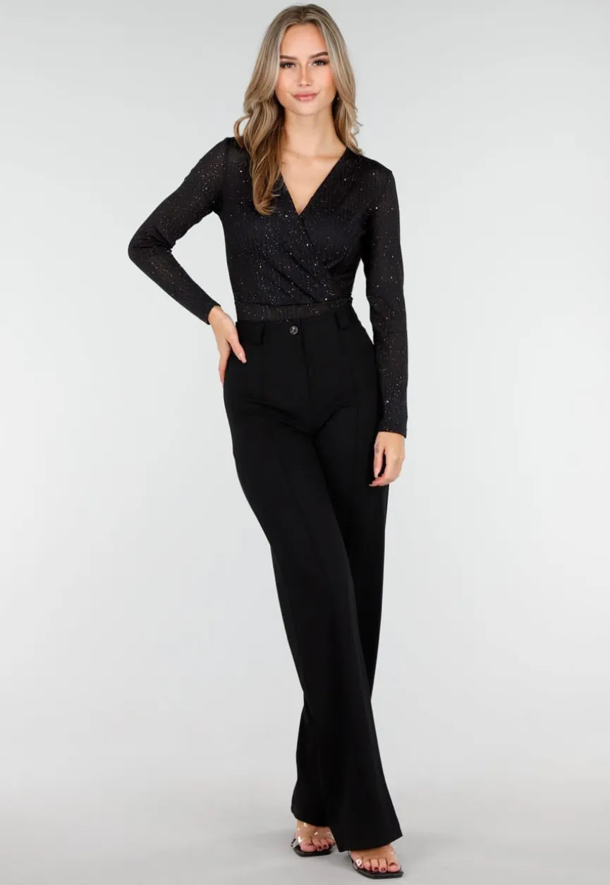 Zwarte Glitter Body met V-Hals en Overslag