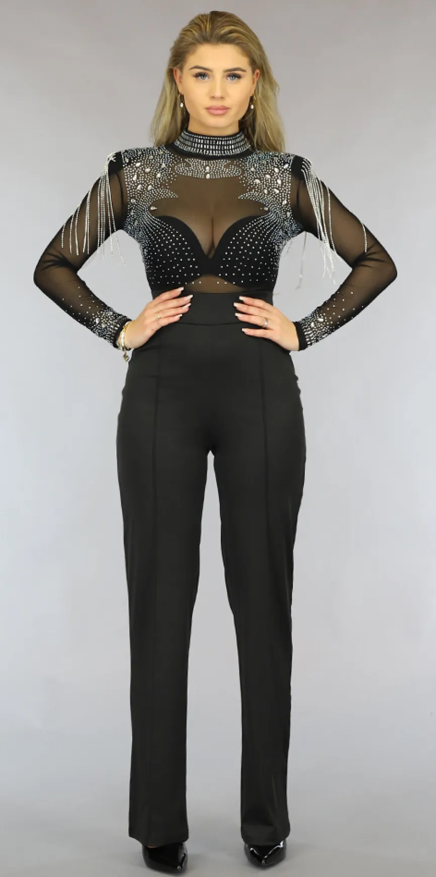 Zwarte Glitter Jumpsuit met Schoudervulling