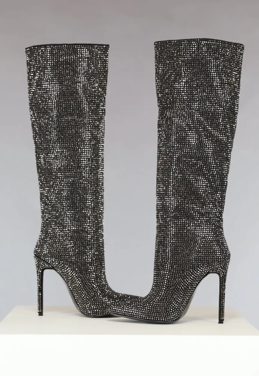 Zwarte Glitter Laarzen met Hoge Hak