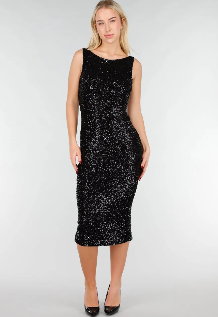 Zwarte Glitter Midi Jurk met Mouwloos Design