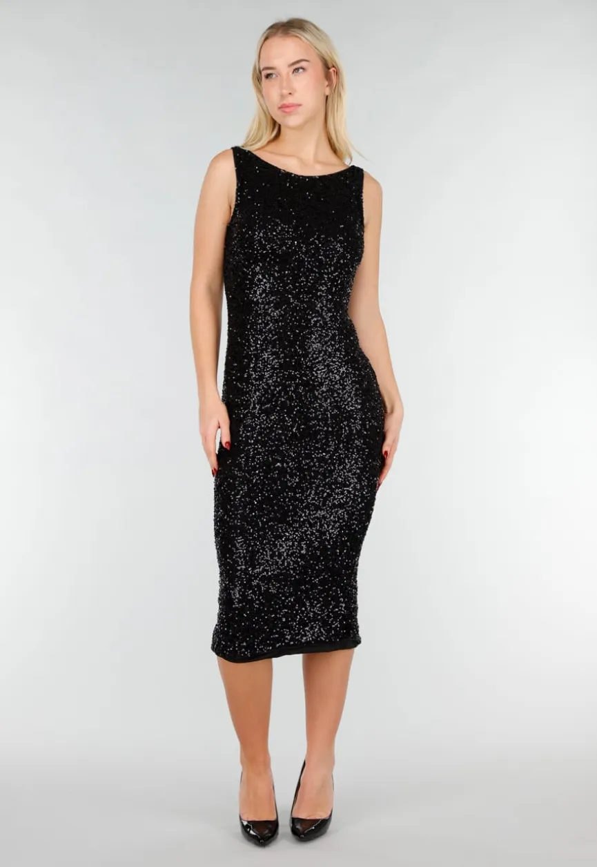 Zwarte Glitter Midi Jurk met Mouwloos Design