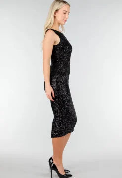 Zwarte Glitter Midi Jurk met Mouwloos Design