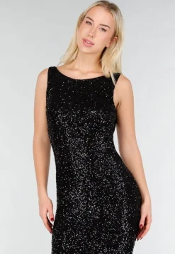 Zwarte Glitter Midi Jurk met Mouwloos Design