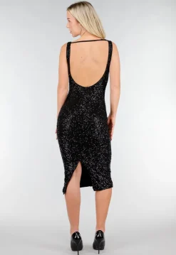 Zwarte Glitter Midi Jurk met Mouwloos Design