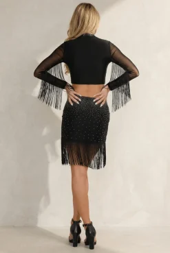 Zwarte Glitter Set met Fringe En Mesh Top