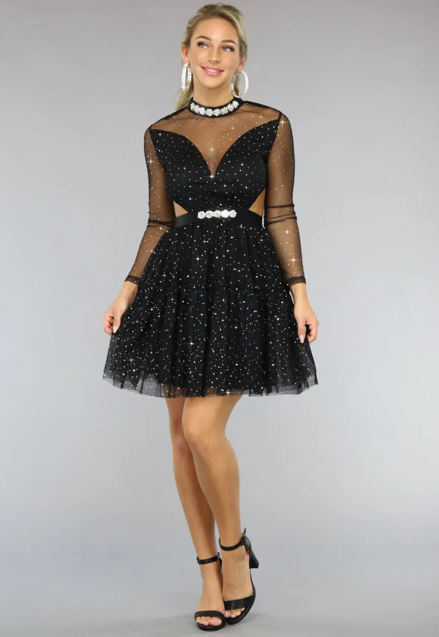 Zwarte Glitter Skater Jurk met Cutouts