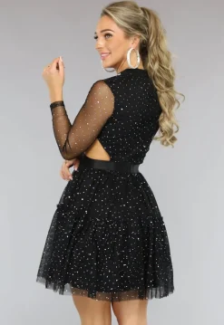 Zwarte Glitter Skater Jurk met Cutouts