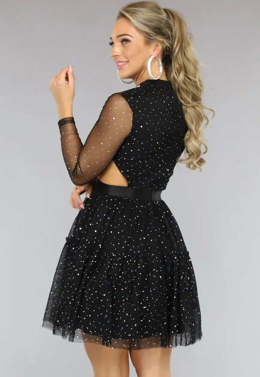 Zwarte Glitter Skater Jurk met Cutouts