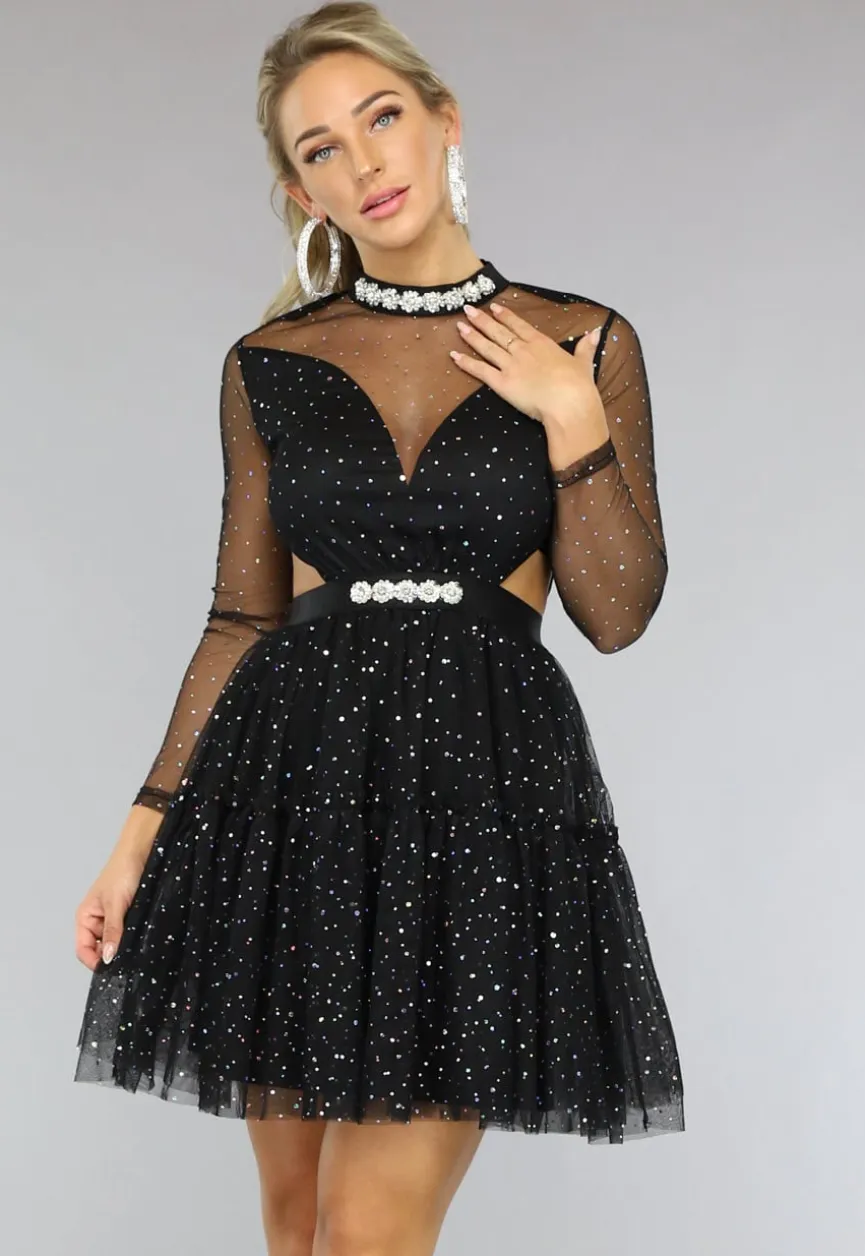 Zwarte Glitter Skater Jurk met Cutouts