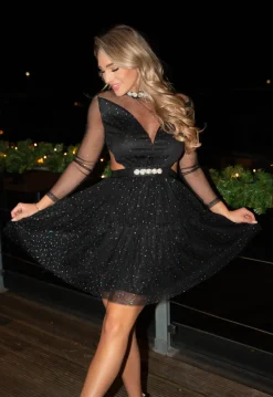 Zwarte Glitter Skater Jurk met Cutouts