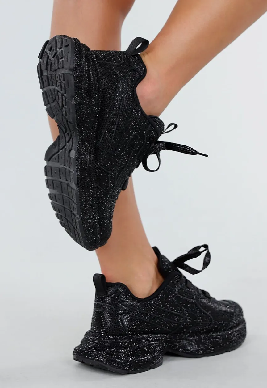 Zwarte Glitter Sneakers met Chunky Zool