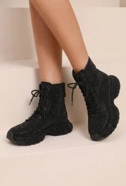 Zwarte Glitter Sneakers met Hoge Schacht en Veters