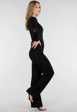 Zwarte Glitter Stretch Top met Lange Mouwen
