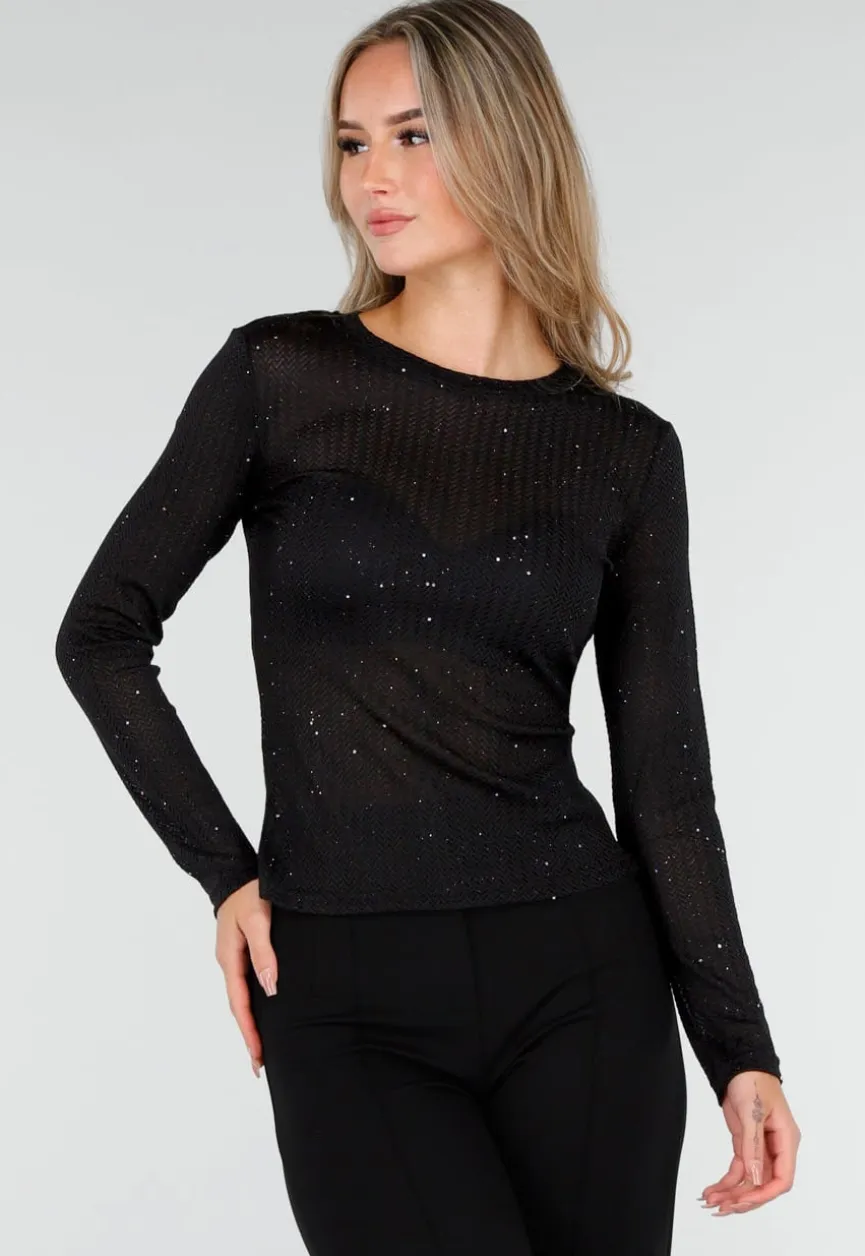 Zwarte Glitter Stretch Top met Lange Mouwen