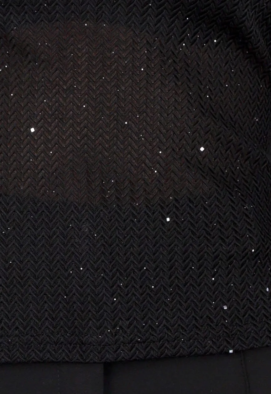 Zwarte Glitter Stretch Top met Lange Mouwen