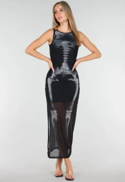 Zwarte Halloween Mesh Jurk met Split en Skelet Print
