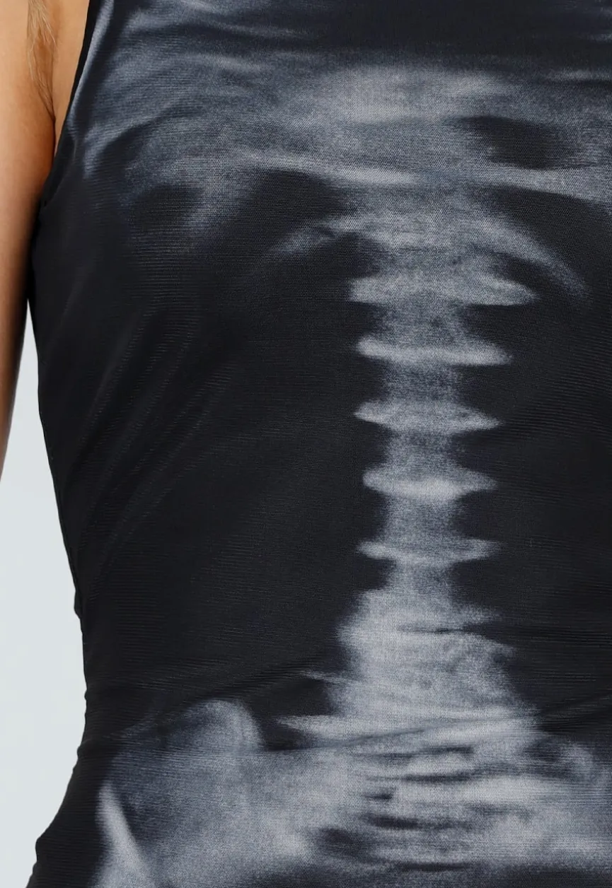 Zwarte Halloween Mesh Jurk met Split en Skelet Print